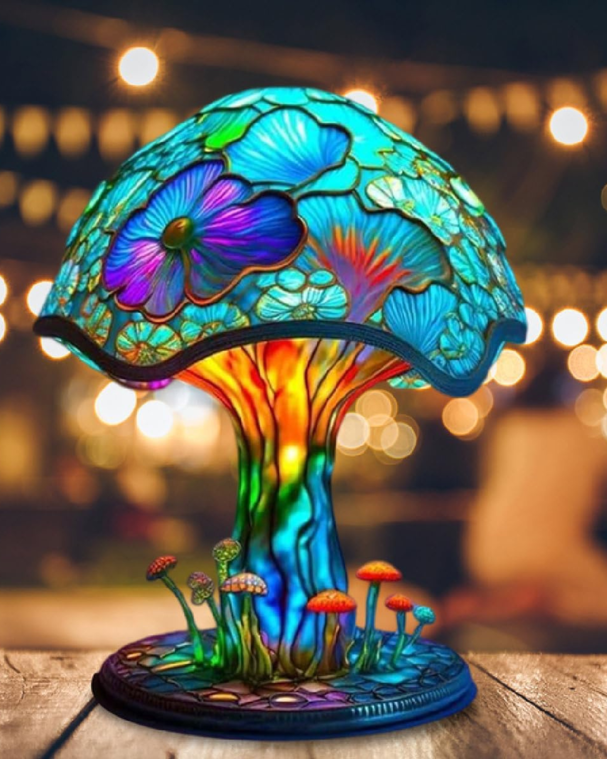 Dekorative Tischlampe Blumenpilz – Bunte Glasleuchte